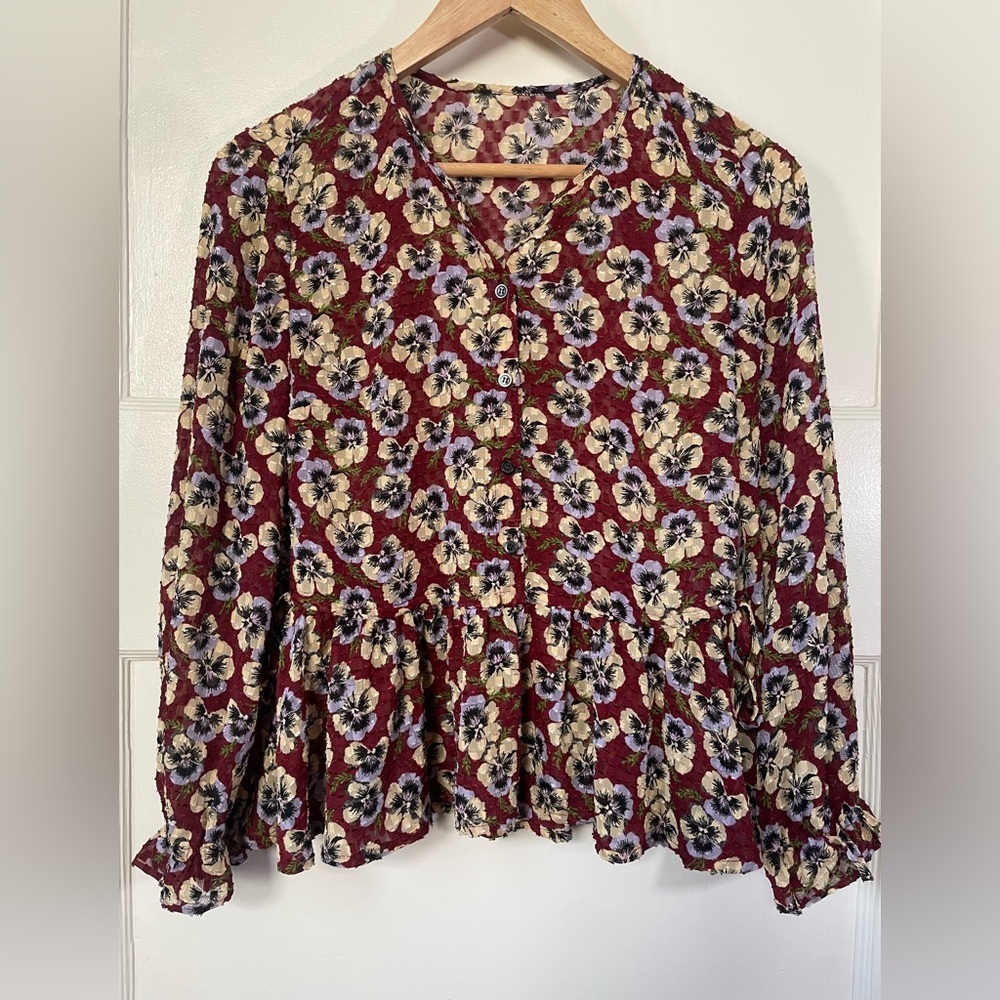 Madewell Burgundy Floral Button-Front Peplum Blouse